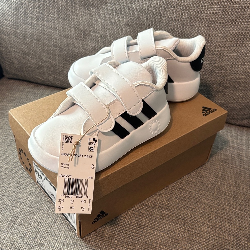 Adidas Kids White and Black Velcro Sneakers